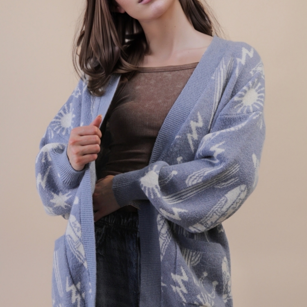Very J Oversized Western Graphic Knit Sweater Cardigan